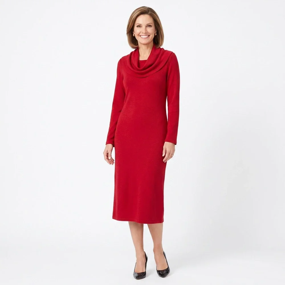 Nina Leonard Womens Red Cowl Neck Long Sleeve Knit Sweater Midi Dress Size L